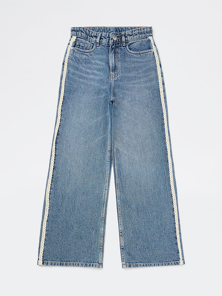 Y&F Kids Girls Blue Lace-Detailed High-Rise Relaxed-Fit Jeans