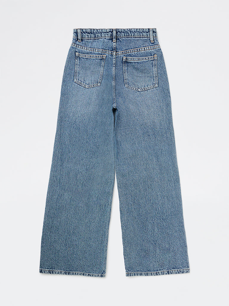 Y&F Kids Girls Blue Lace-Detailed High-Rise Relaxed-Fit Jeans