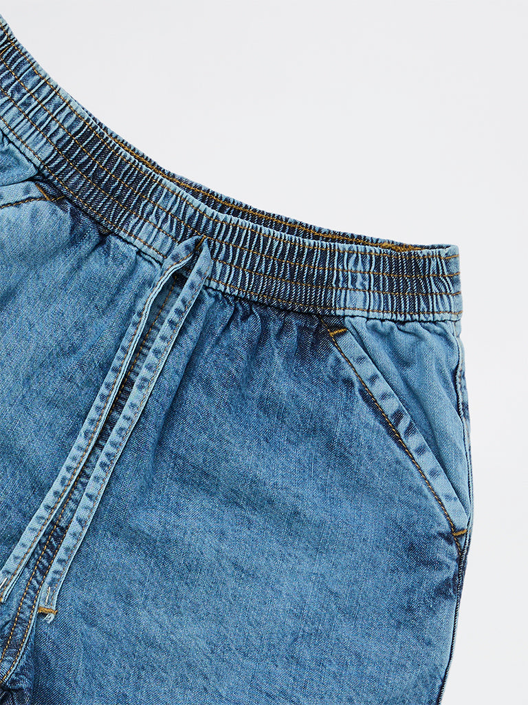Girls Blue Mid-Wash High-Rise Denim Shorts