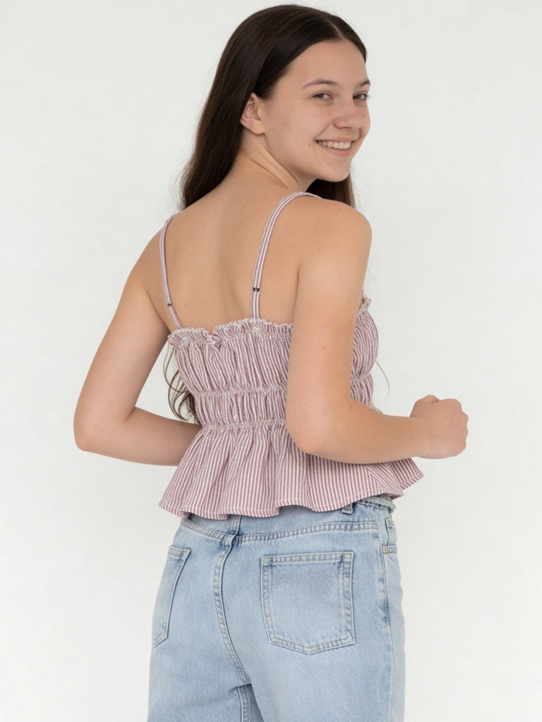 Girls Dusty Rose Striped Cotton Peplum Top