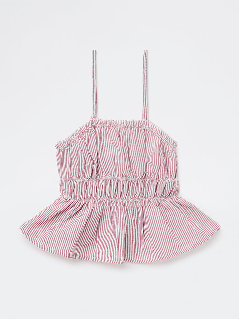 Girls Dusty Rose Striped Cotton Peplum Top