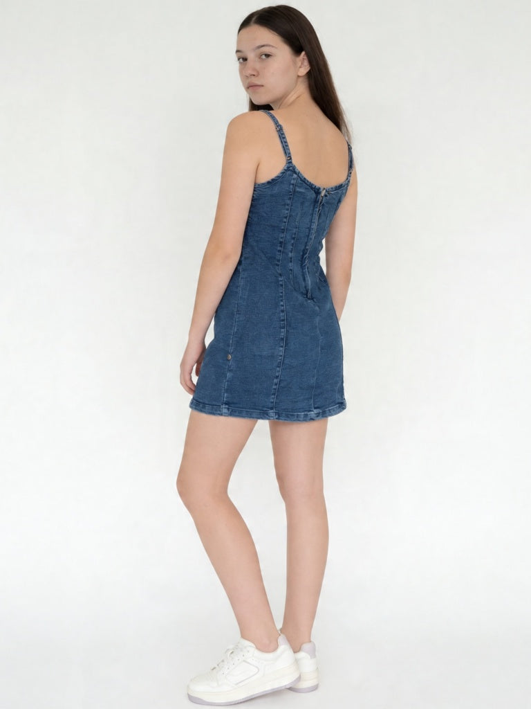 Girls Blue Mid Wash Denim Slip Dress