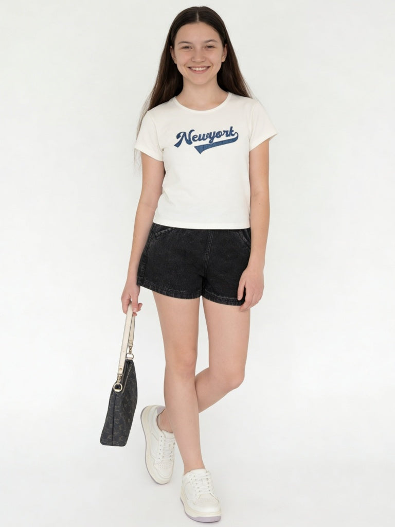 Y&F Kids Girls White Text-Embroidered Cotton-Blend T-Shirt
