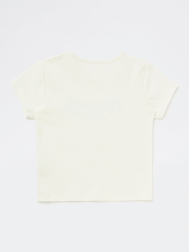 Y&F Kids Girls White Text-Embroidered Cotton-Blend T-Shirt
