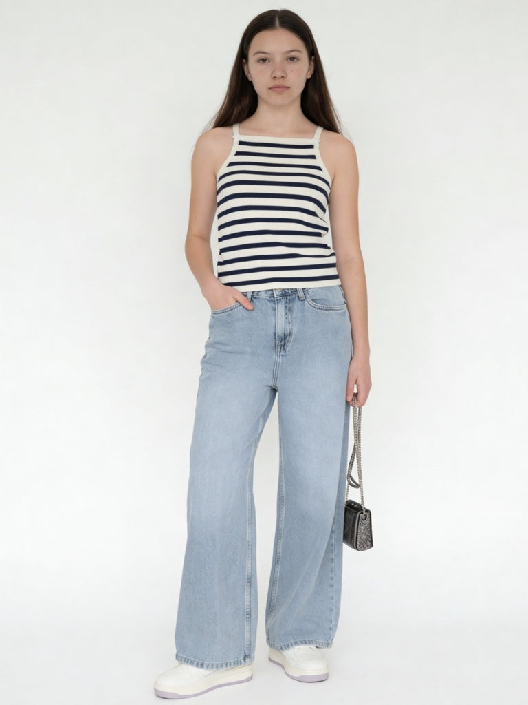 Girls Navy Striped Cotton-Blend Top