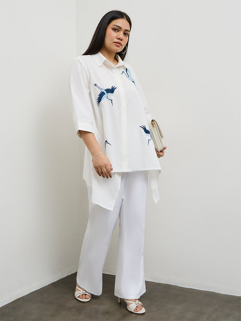 Diza White Bird Embroidered Cotton-Blend Tunic