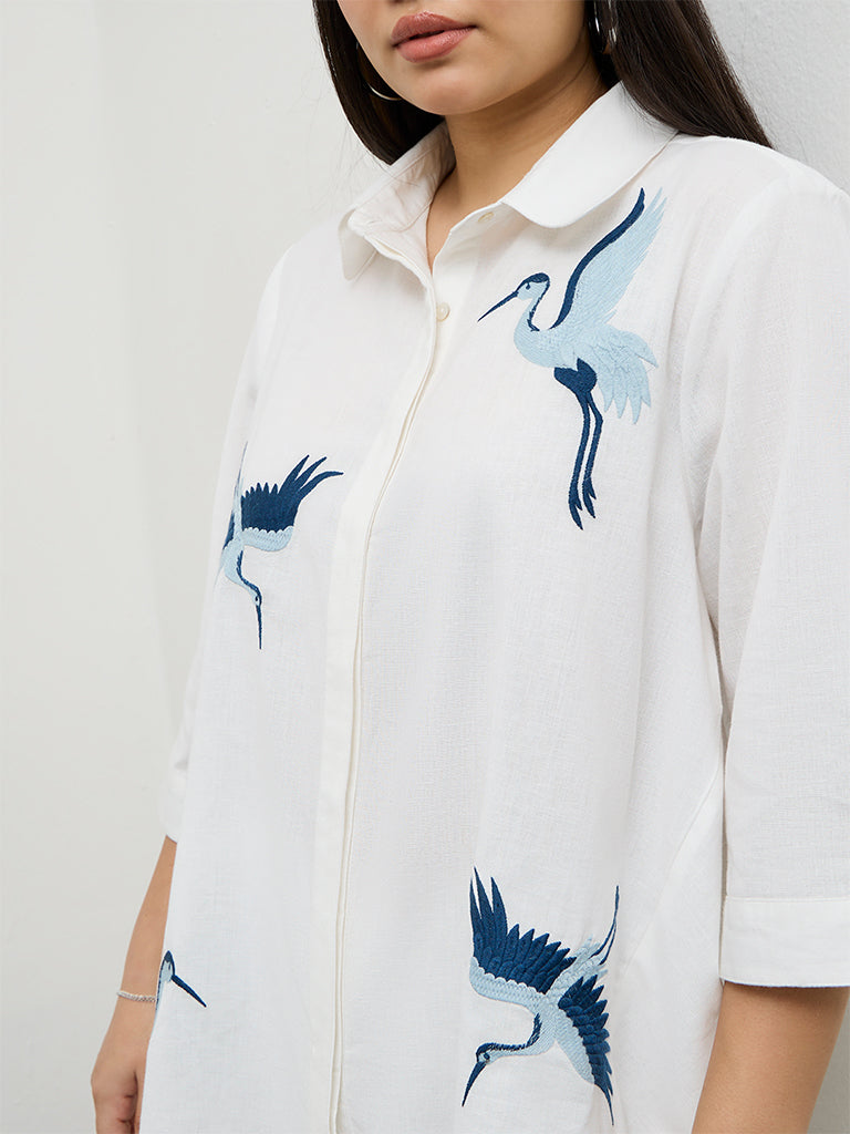 Diza White Bird Embroidered Cotton-Blend Tunic