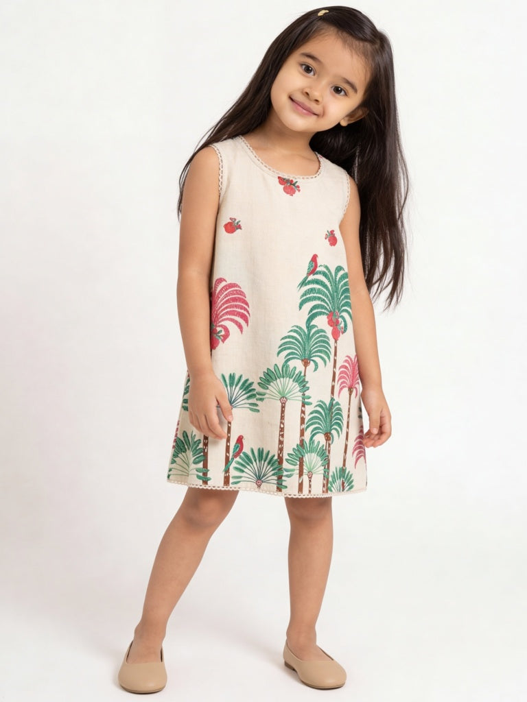 Utsa Kids Girls Off-White Nature-Inspired Cotton-Blend A-Line Dress - (2-8 yrs)