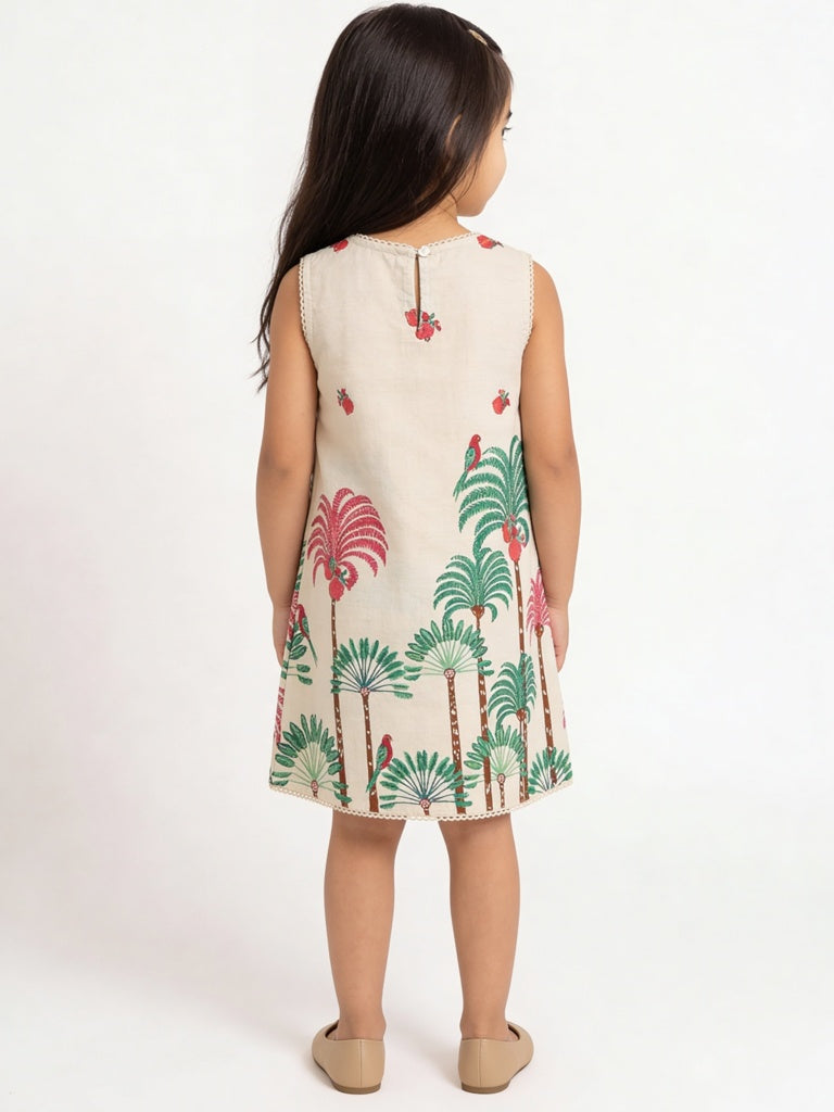 Utsa Kids Girls Off-White Nature-Inspired Cotton-Blend A-Line Dress - (2-8 yrs)