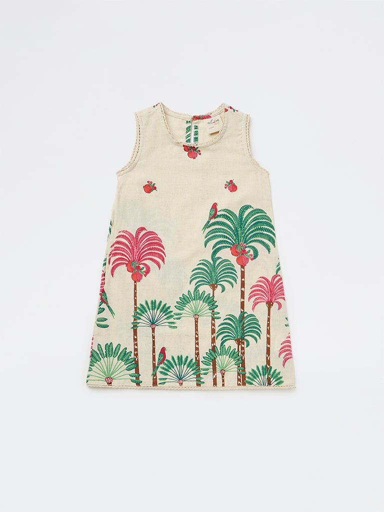 Utsa Kids Girls Off-White Nature-Inspired Cotton-Blend A-Line Dress - (2-8 yrs)