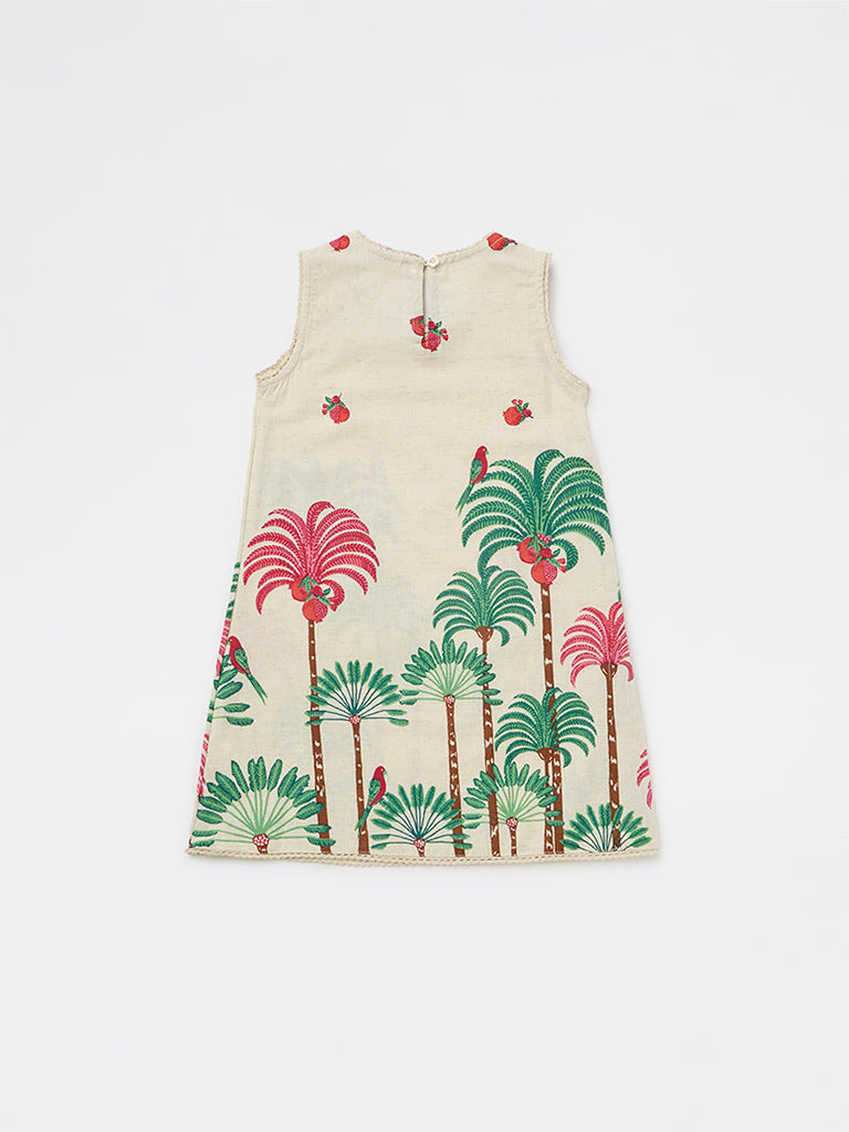 Utsa Kids Girls Off-White Nature-Inspired Cotton-Blend A-Line Dress - (2-8 yrs)
