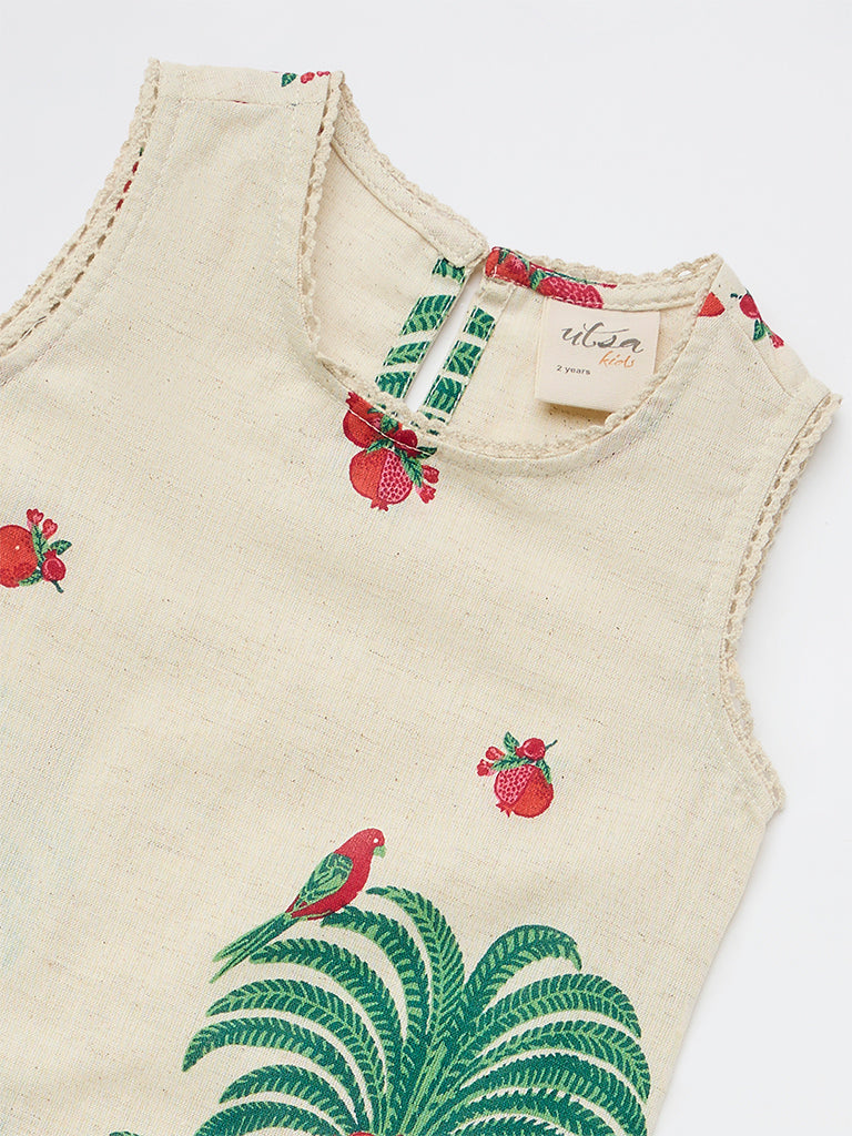 Utsa Kids Girls Off-White Nature-Inspired Cotton-Blend A-Line Dress - (2-8 yrs)