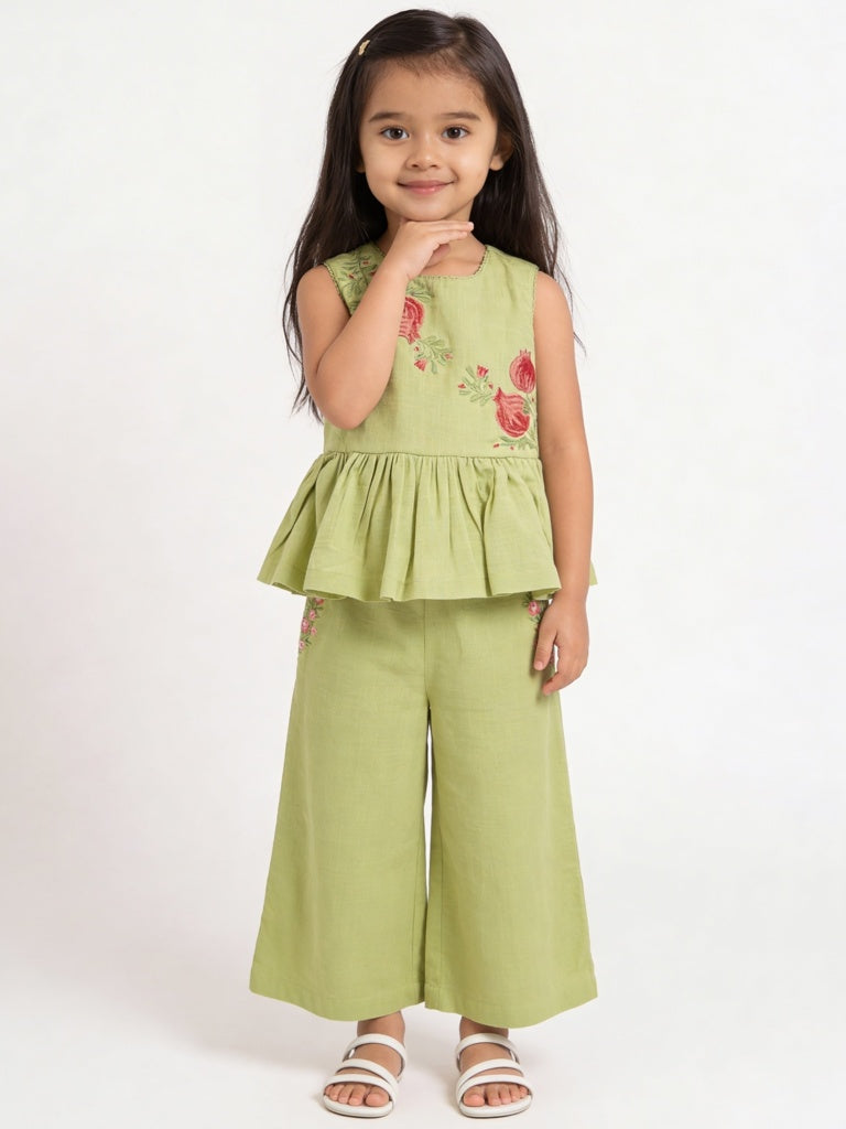 Utsa Kids Girls Light Green Embroidered Cotton Peplum Top - (2-8 yrs)