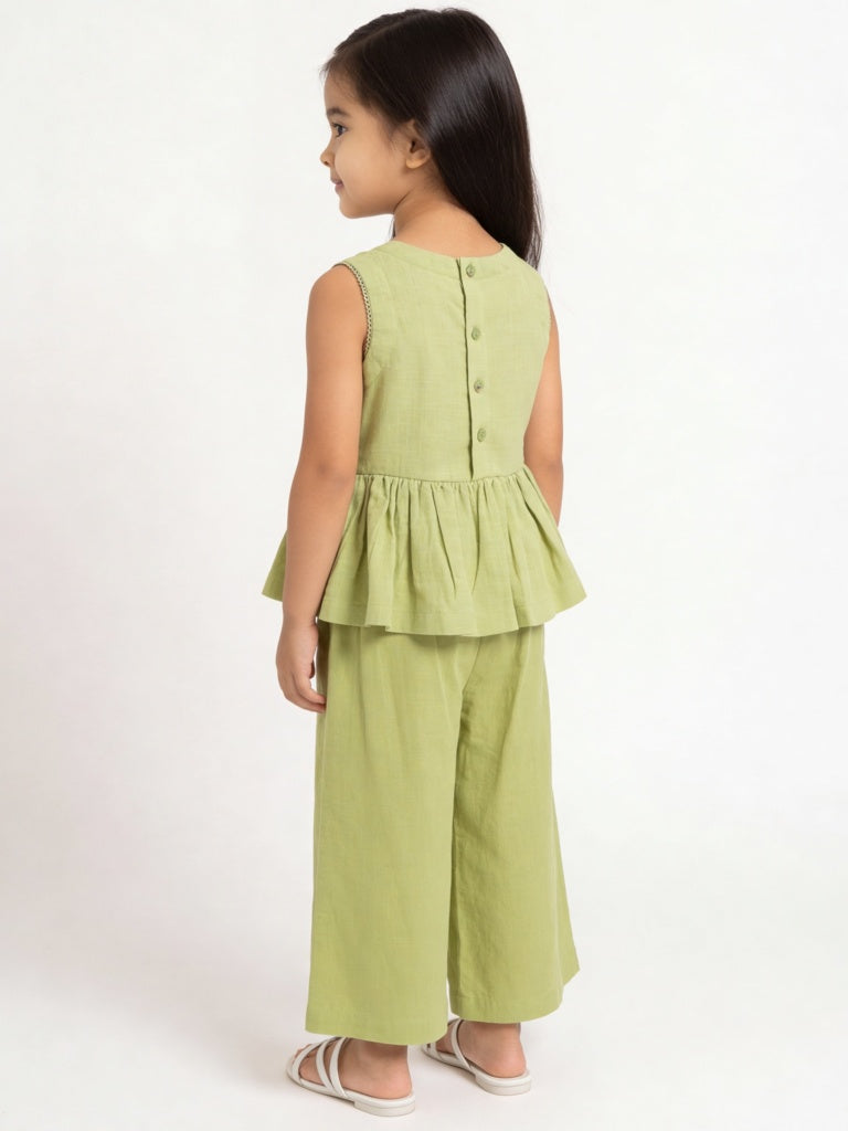 Utsa Kids Girls Light Green Embroidered Cotton Peplum Top - (2-8 yrs)