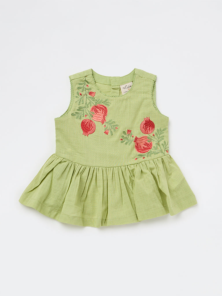 Utsa Kids Girls Light Green Embroidered Cotton Peplum Top - (2-8 yrs)