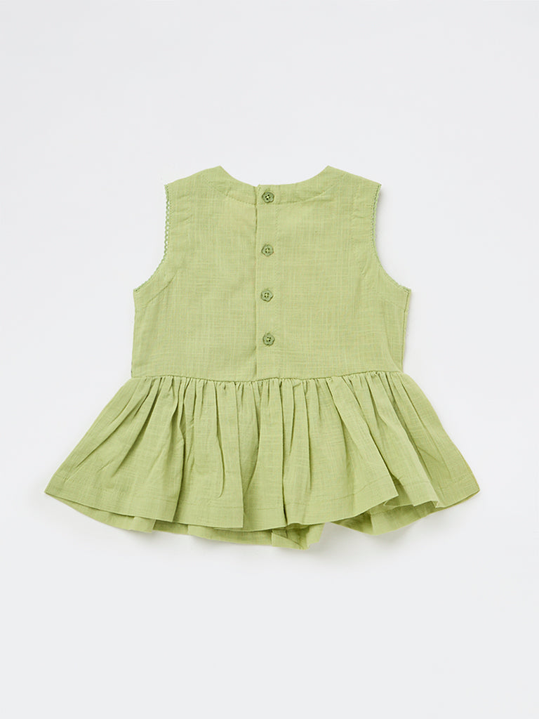 Utsa Kids Girls Light Green Embroidered Cotton Peplum Top - (2-8 yrs)