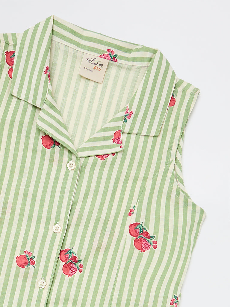 Utsa Kids Girls Green Striped Cotton A-Line Dress - (8-14 yrs)