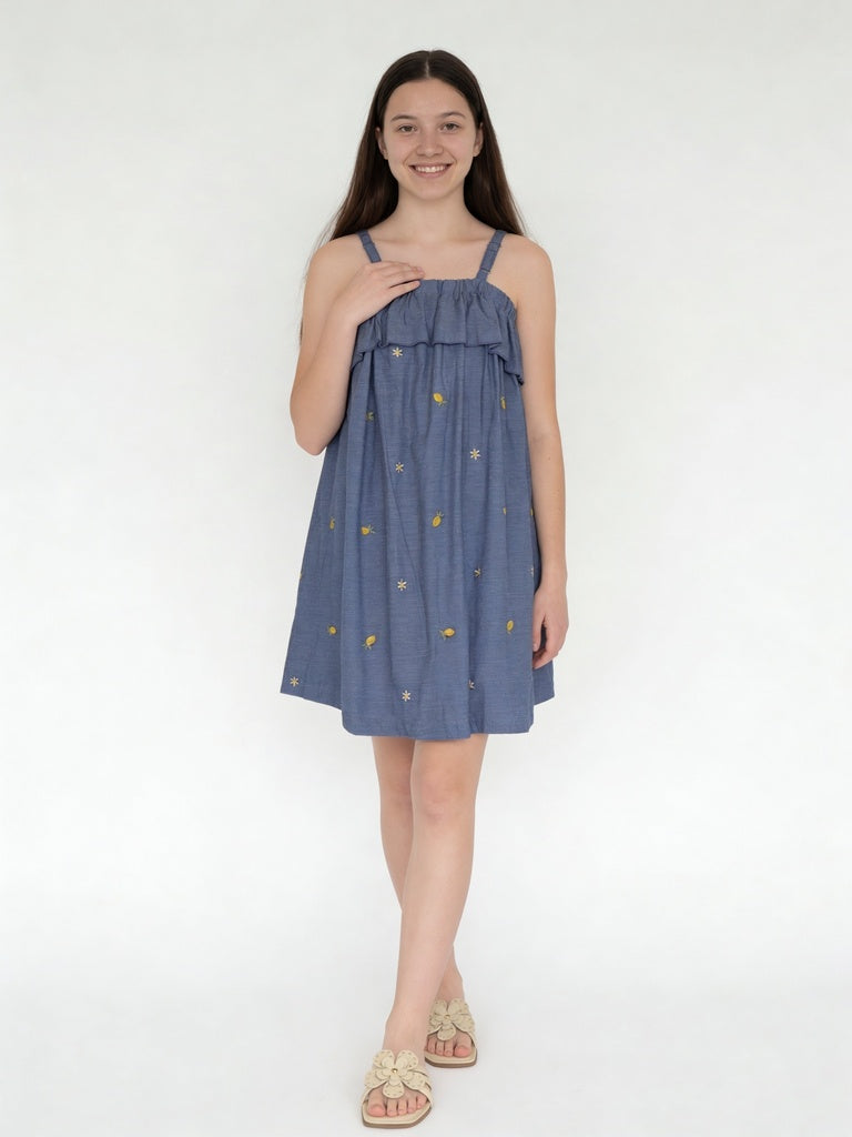 Utsa Kids Girls Blue Embroidered Cotton A-line Dress - (8-14 yrs)