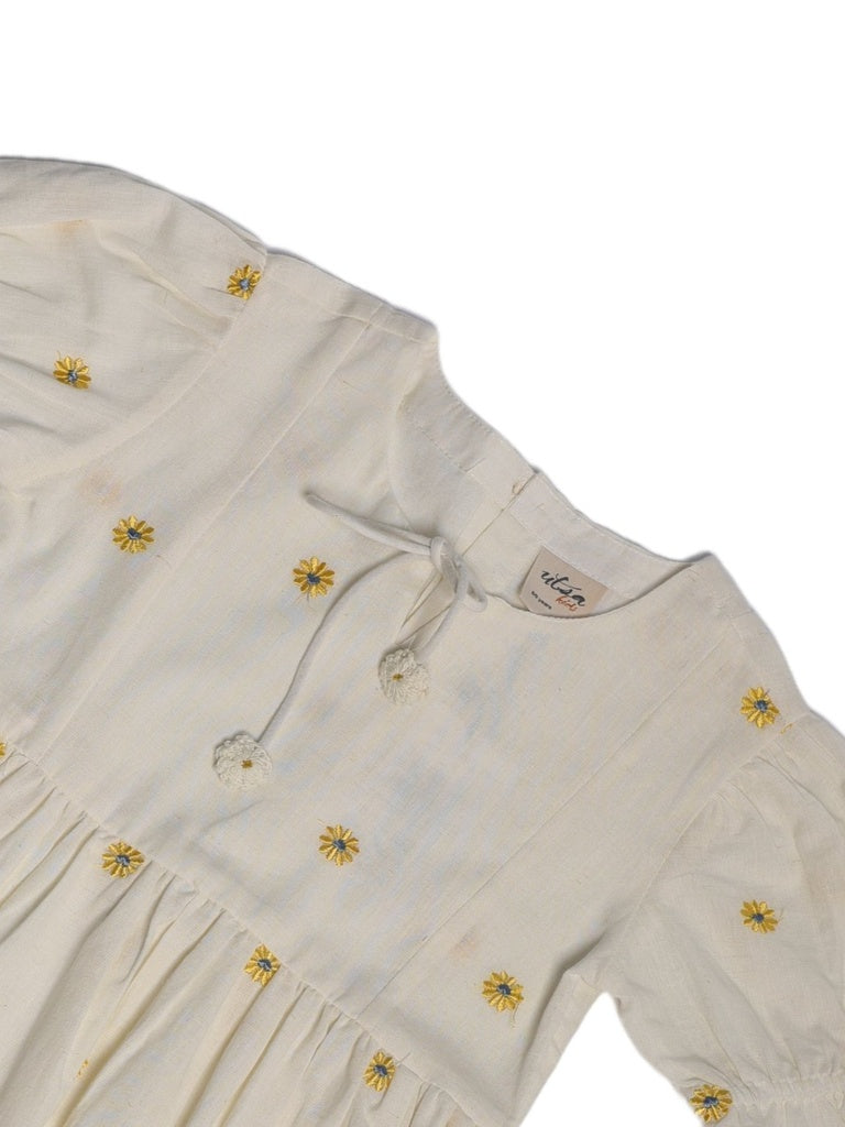 Utsa Kids Girls White Floral Embroidered Cotton-Blend Dress - (8-14 yrs)