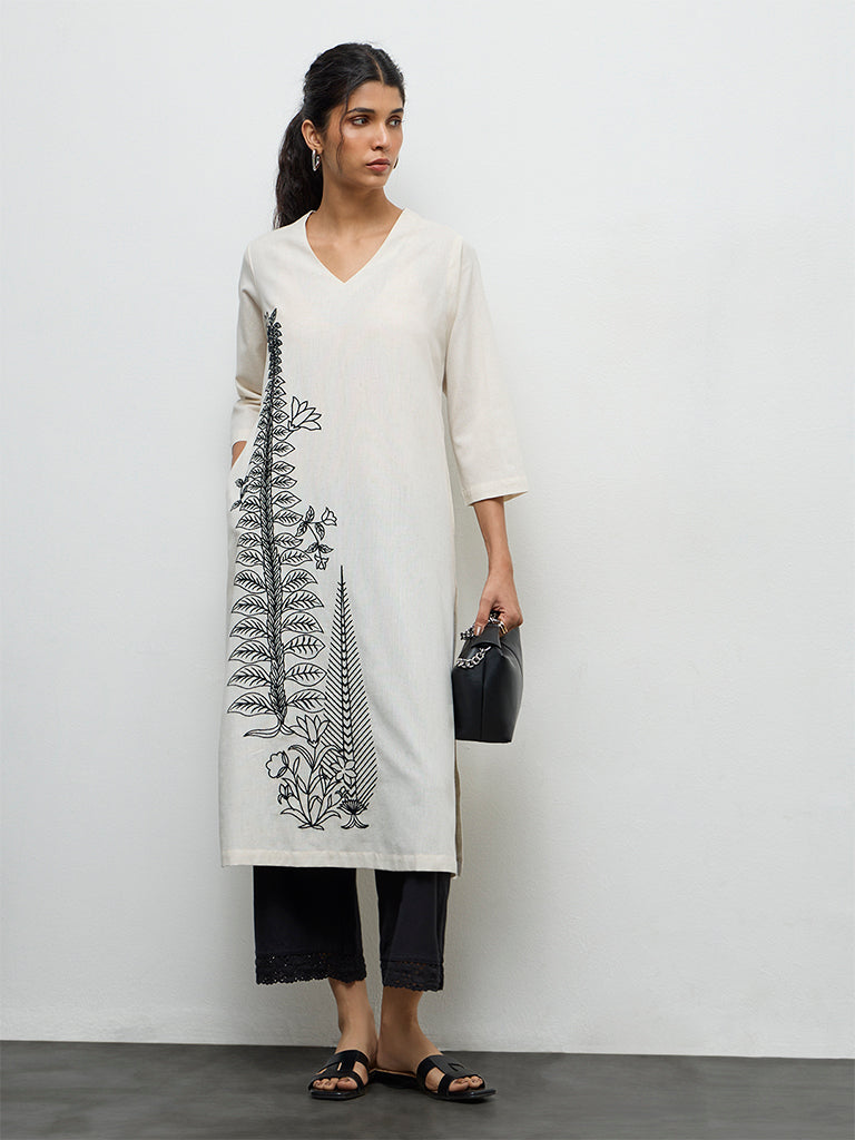 Utsa Off-White Leaf Embroidered Cotton-Blend A-Line Kurta