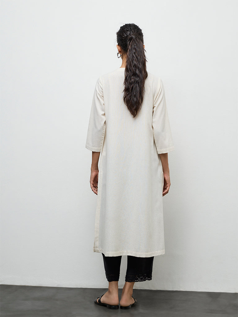 Utsa Off-White Leaf Embroidered Cotton-Blend A-Line Kurta