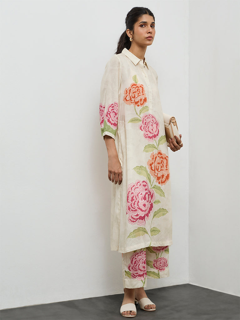 Utsa Off-White Floral Design A-Line Kurta