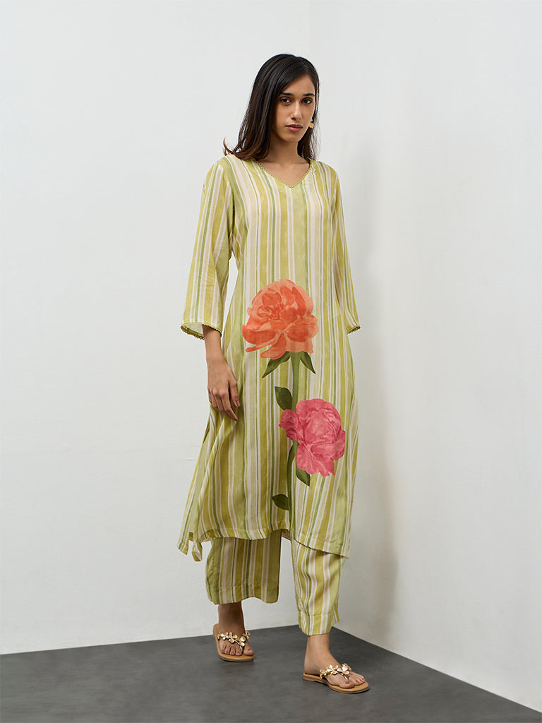 Utsa Lime Striped A-Line Kurta