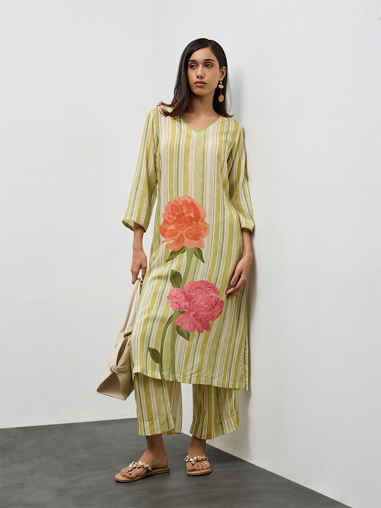 Utsa Lime Striped A-Line Kurta