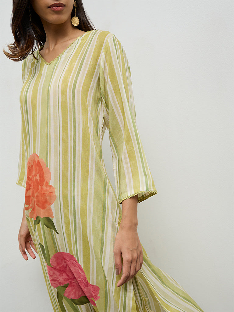 Utsa Lime Striped A-Line Kurta