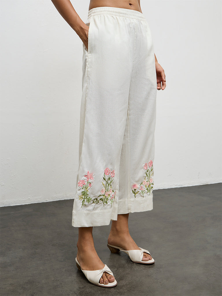 Utsa Off-White Floral Embroidered Cotton-Blend Pants
