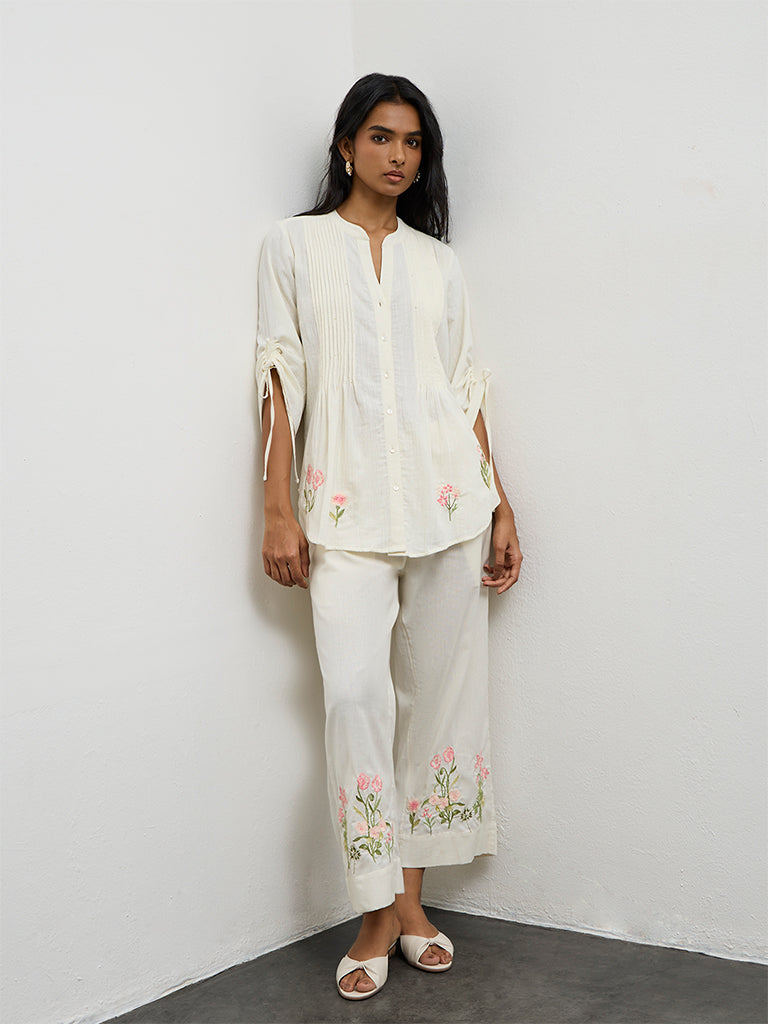 Utsa Off-White Floral Embroidered Cotton-Blend Pants