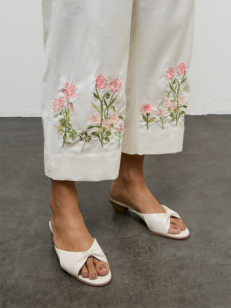 Utsa Off-White Floral Embroidered Cotton-Blend Pants