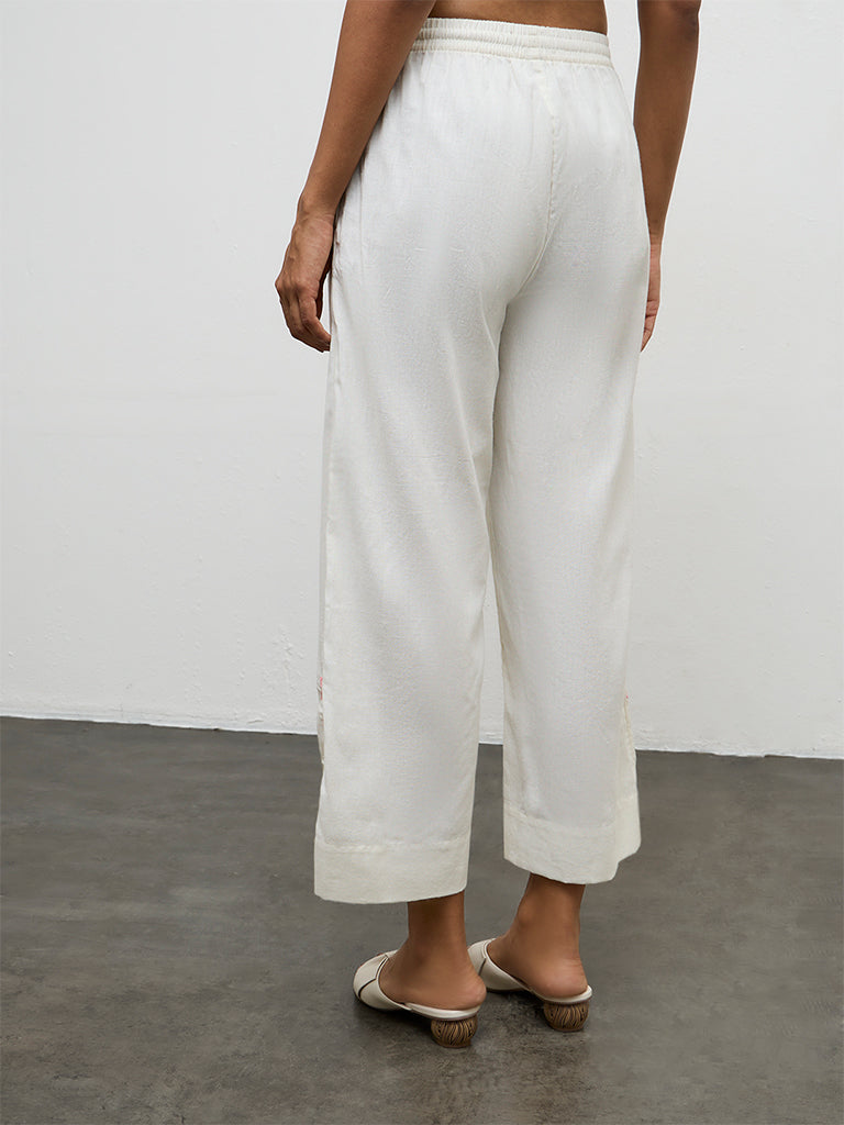 Utsa Off-White Floral Embroidered Cotton-Blend Pants