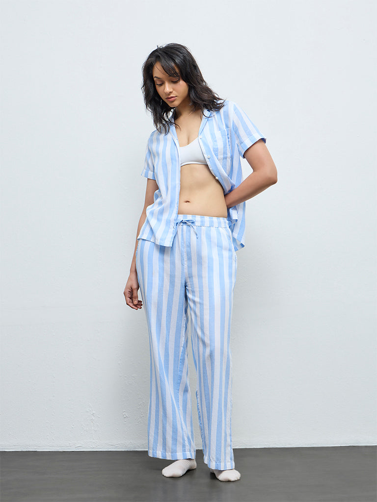 Wunderlove Blue Striped Cotton Shirt and Pyjama Set