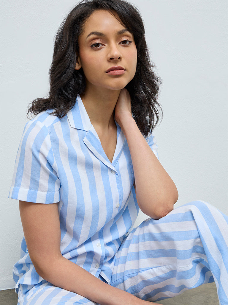 Wunderlove Blue Striped Cotton Shirt and Pyjama Set