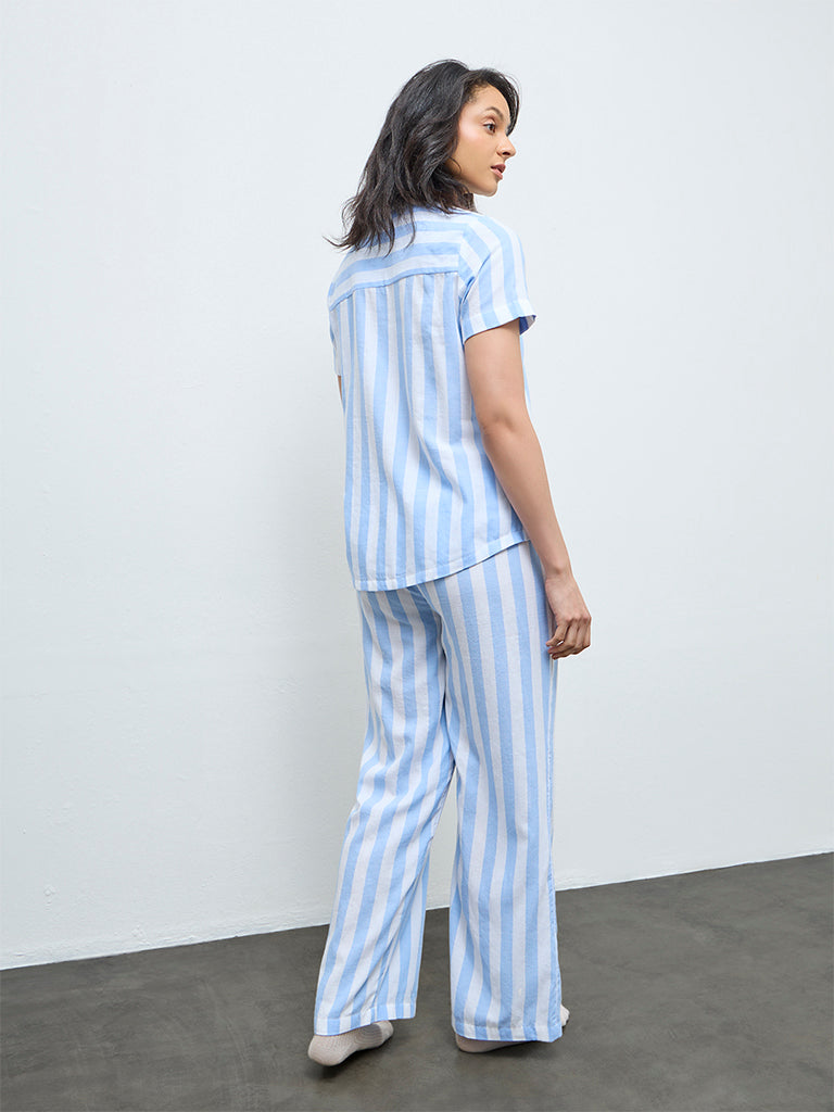 Wunderlove Blue Striped Cotton Shirt and Pyjama Set