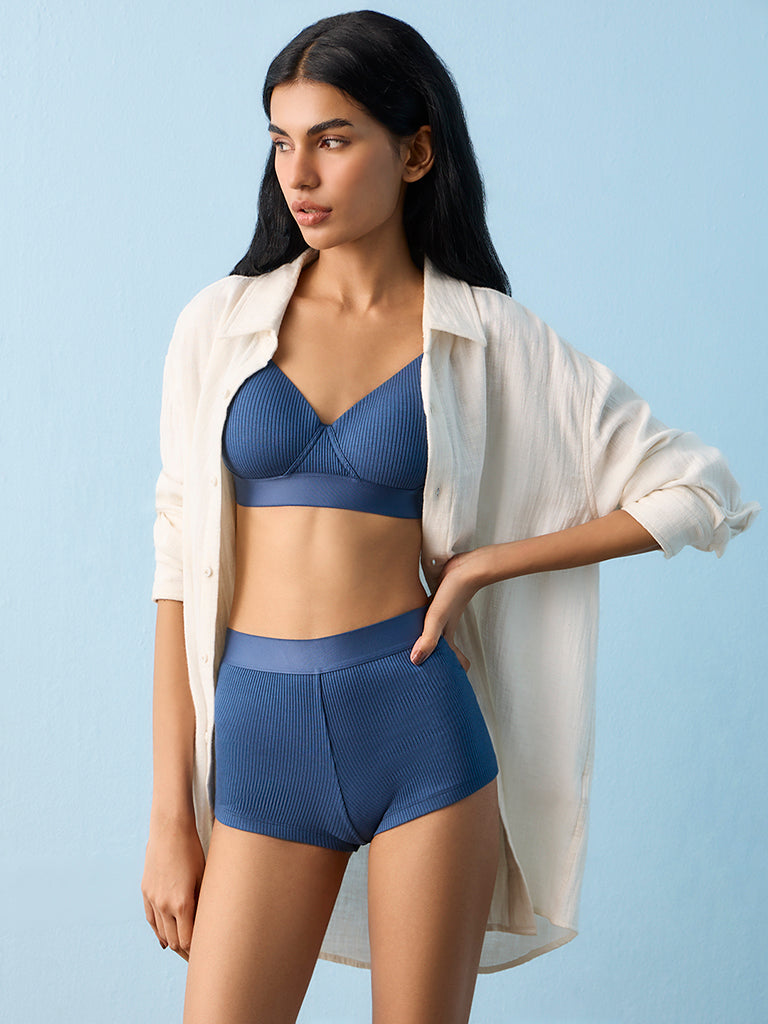 Superstar Blue Ribbed-Textured Boy Shorts Cotton-Blend Briefs