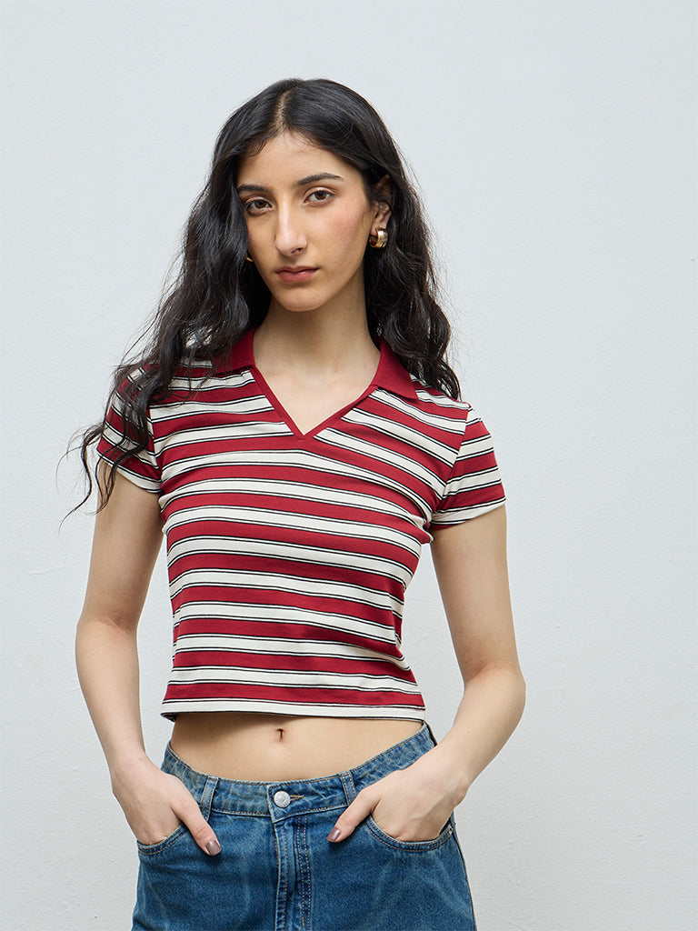 Nuon Burgundy Striped Cotton-Blend T-Shirt