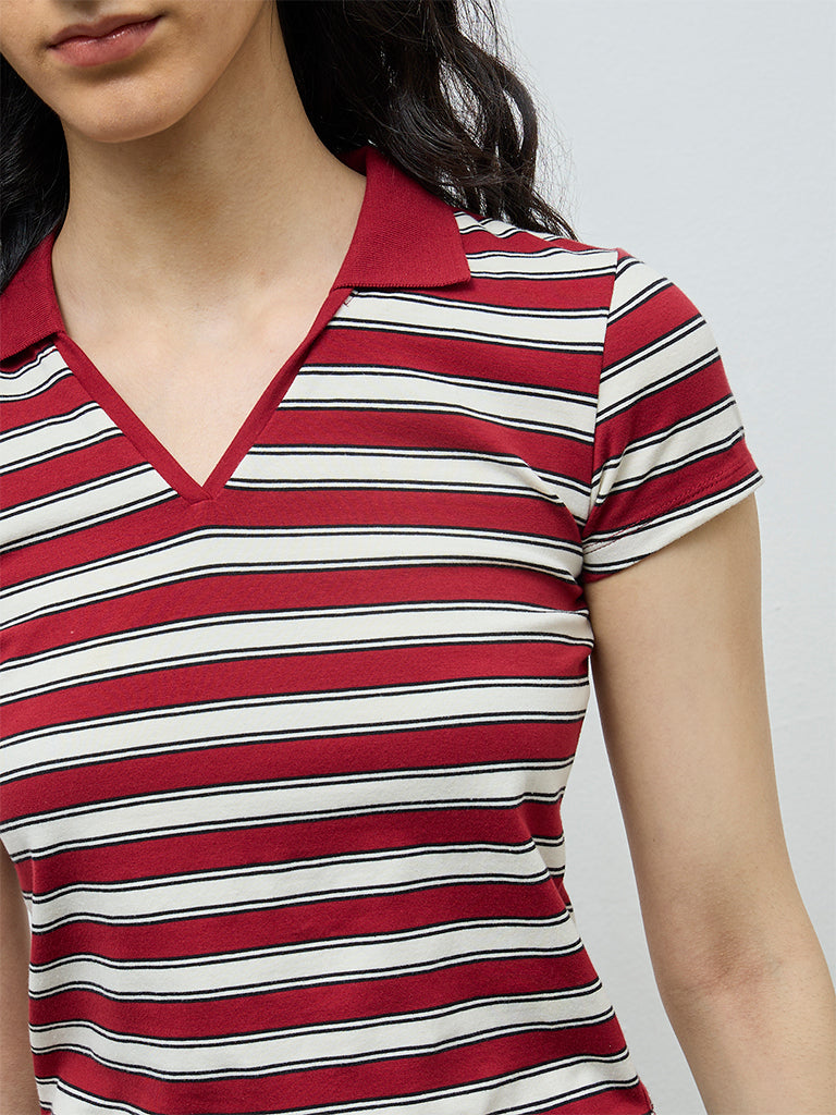 Nuon Burgundy Striped Cotton-Blend T-Shirt
