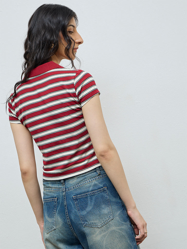 Nuon Burgundy Striped Cotton-Blend T-Shirt