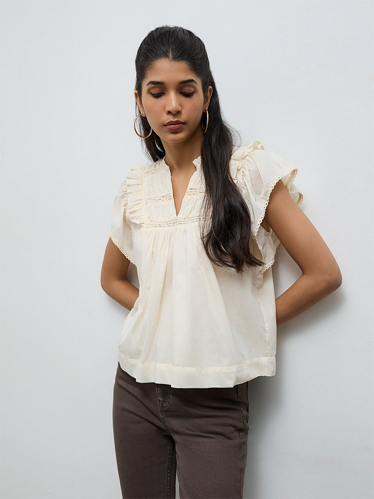 LOV Cream Ruffle-Detailed Cotton Top