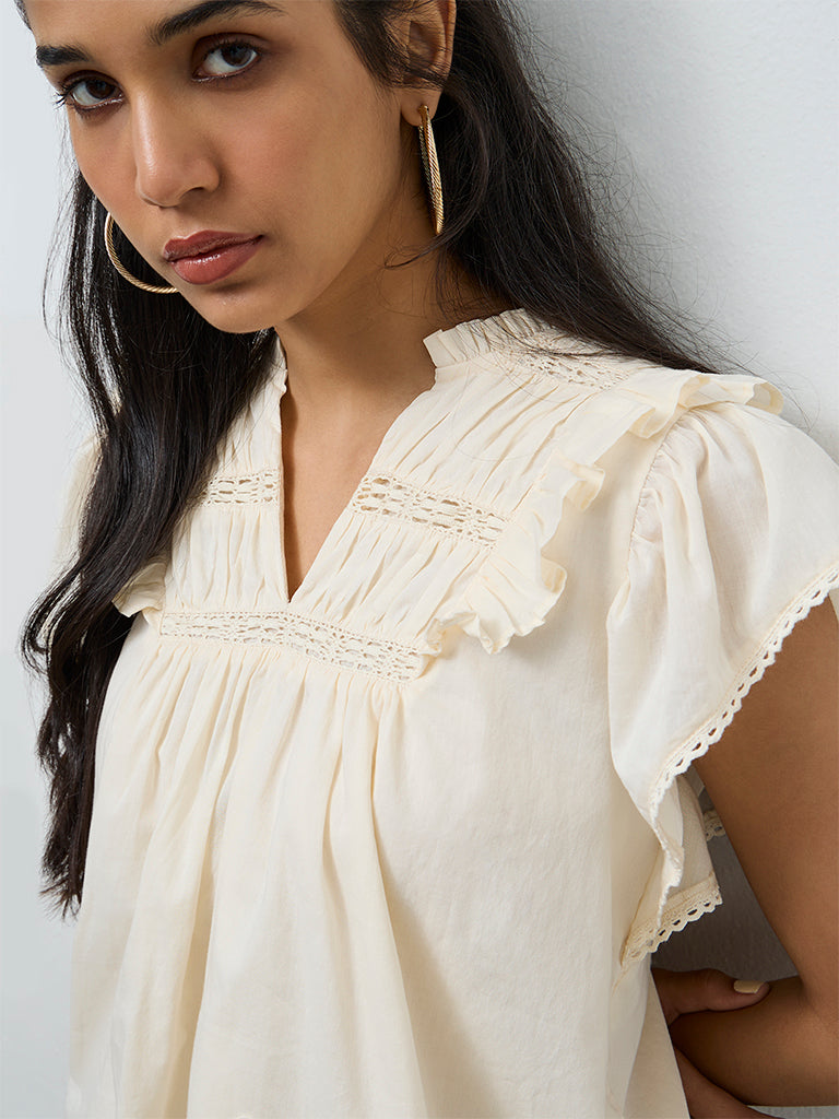 LOV Cream Ruffle-Detailed Cotton Top