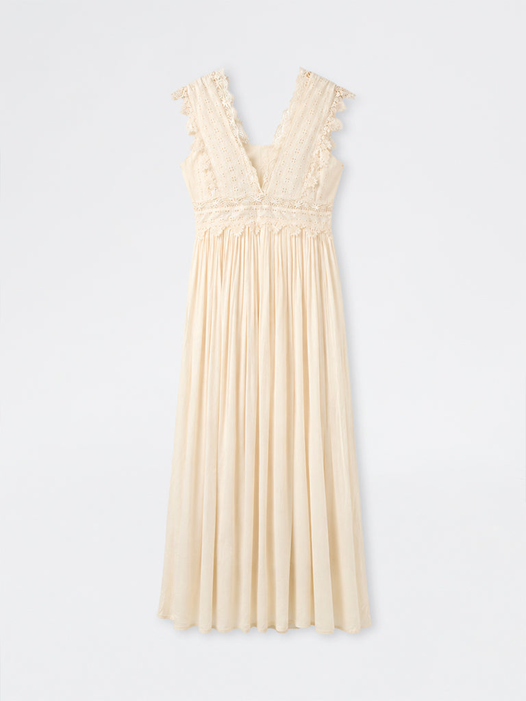 LOV Cream Schiffli Detailed Cotton A-Line Dress