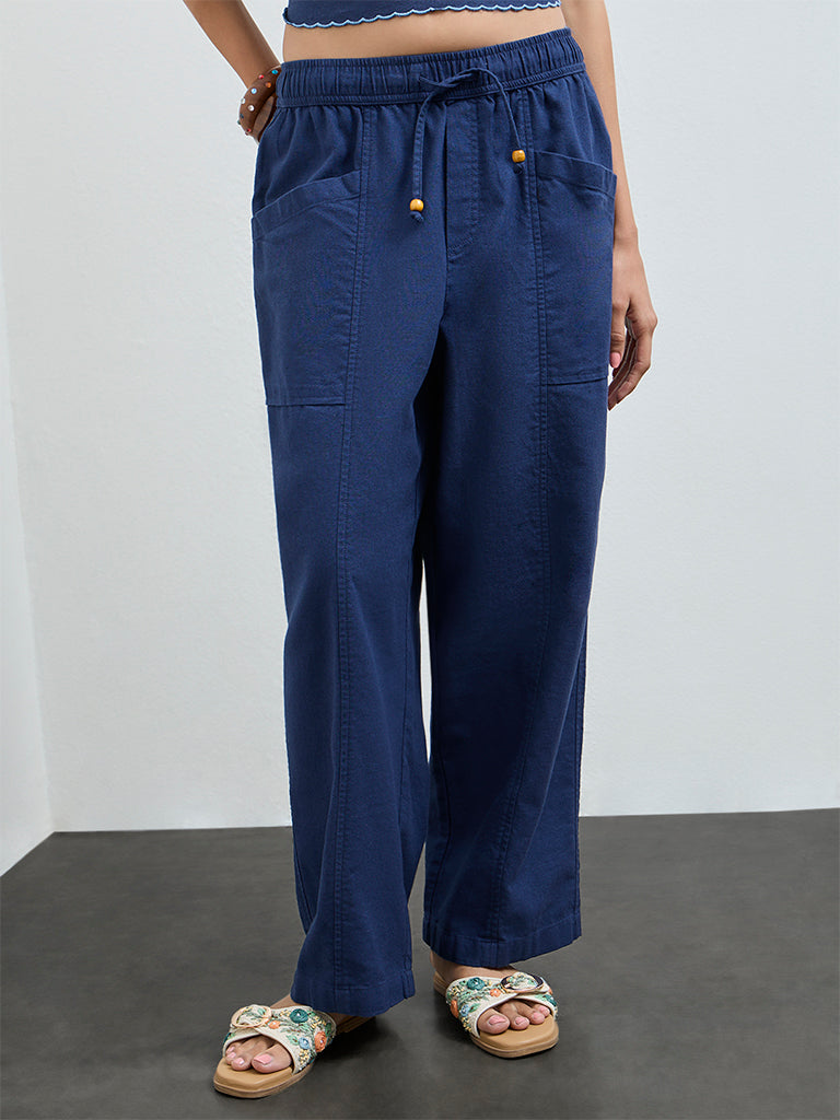 Bombay Paisley Indigo Solid Cotton-Blend Pants