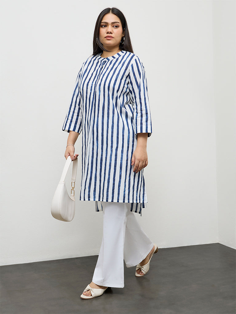 Diza Indigo Striped Cotton Straight Kurta