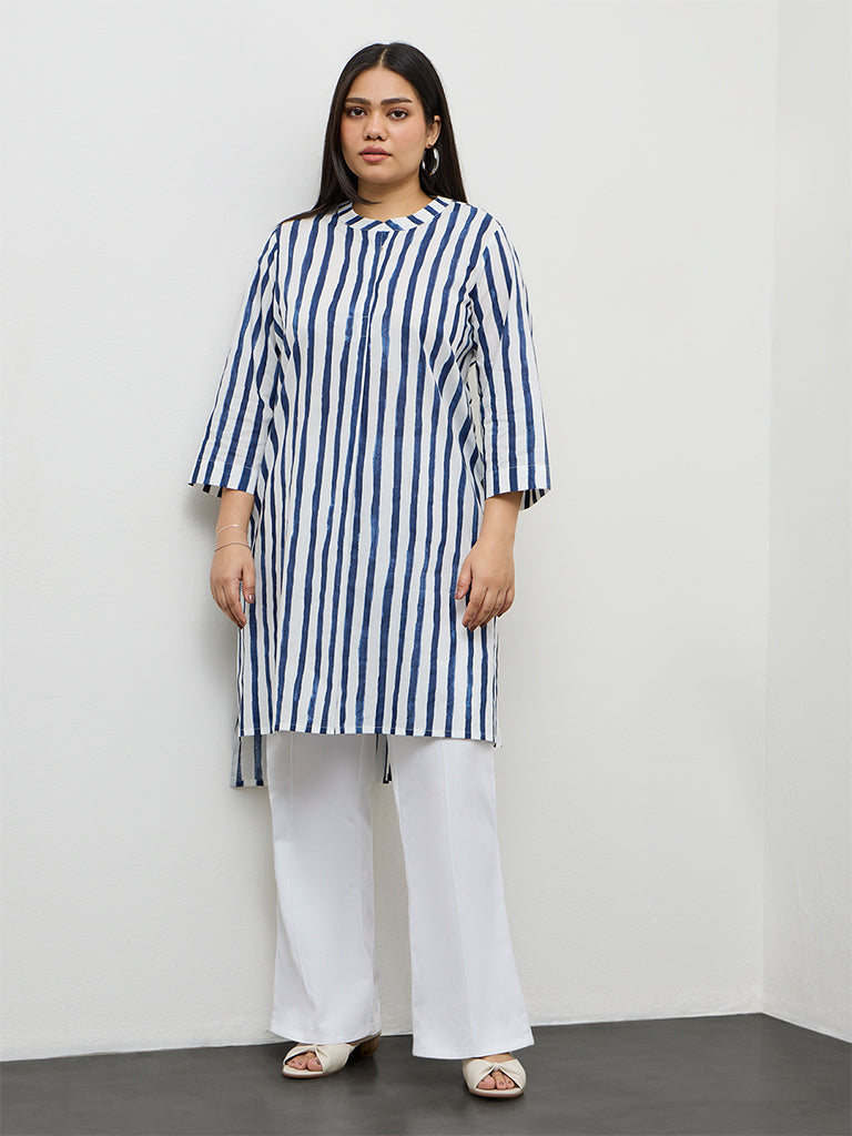 Diza Indigo Striped Cotton Straight Kurta