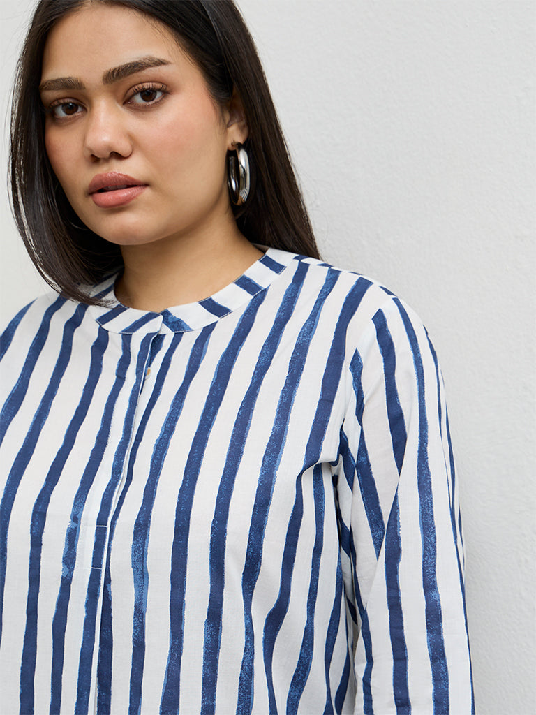 Diza Indigo Striped Cotton Straight Kurta