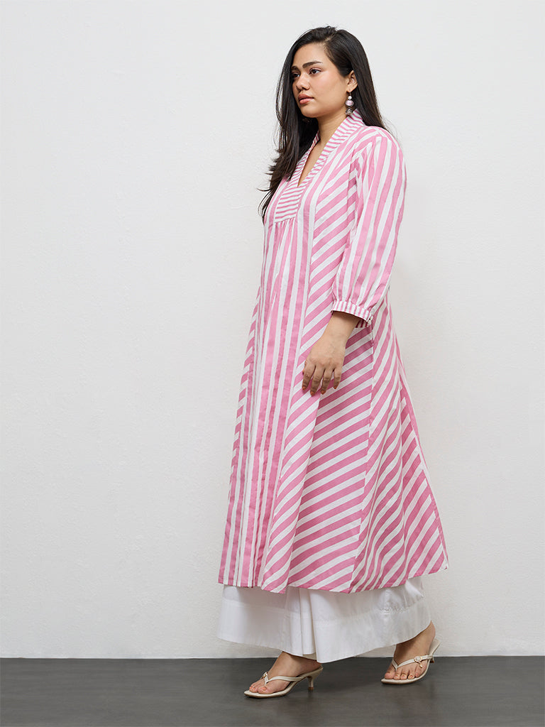 Diza Pink Striped Cotton A-Line Kurta