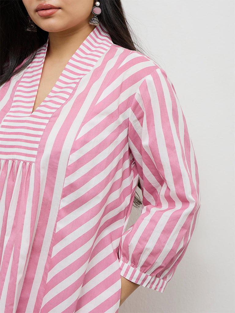 Diza Pink Striped Cotton A-Line Kurta