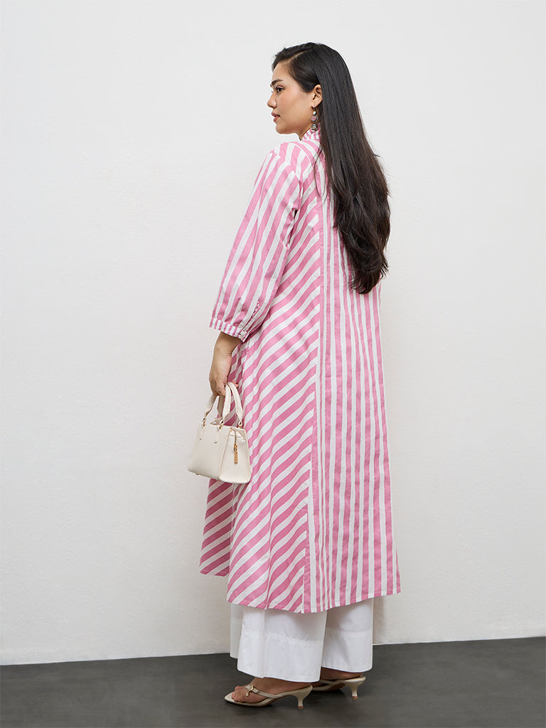 Diza Pink Striped Cotton A-Line Kurta